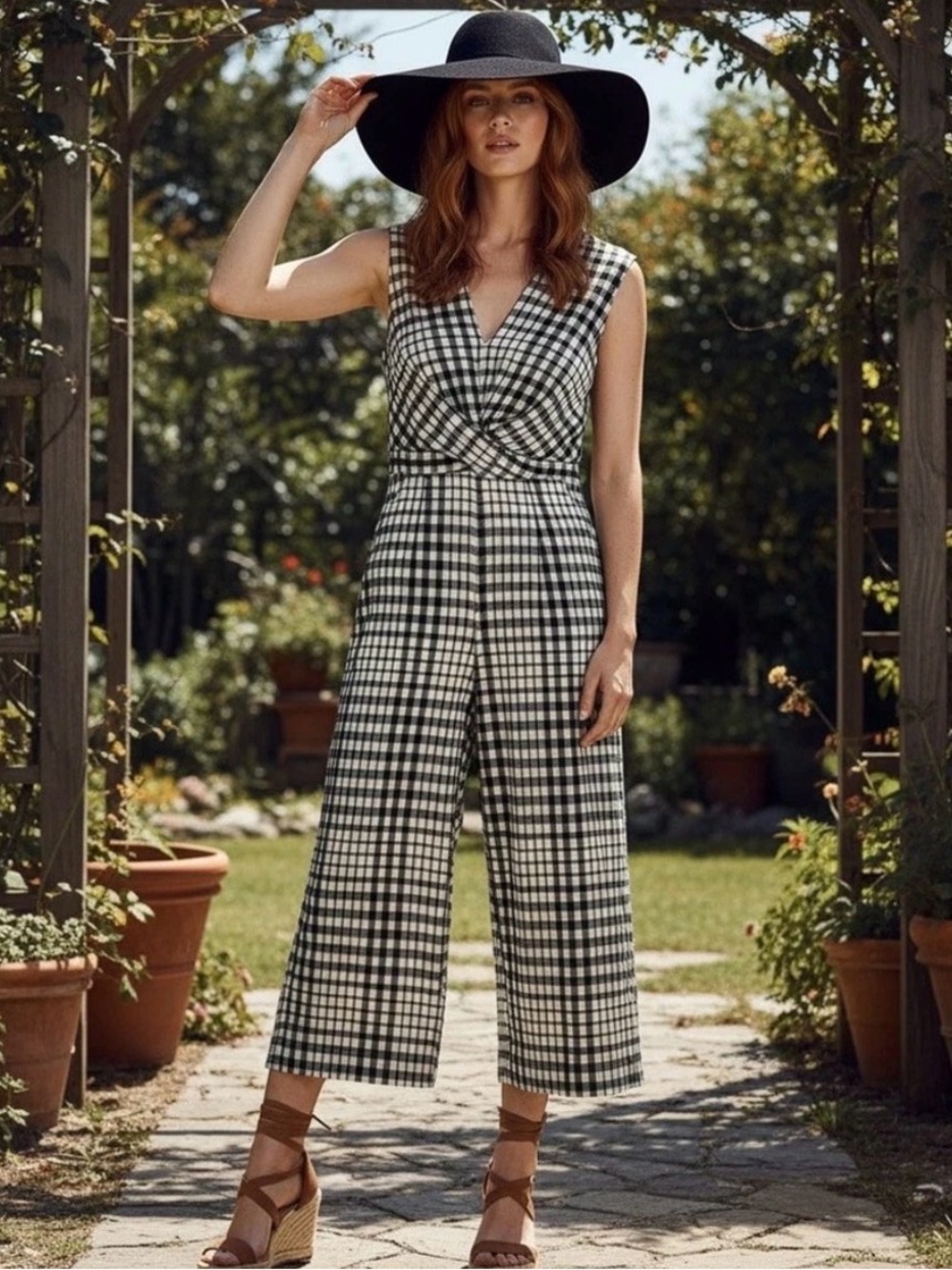 Urban Outfitters Ellery Surplice Gingham Plaid Cropped Culotte Jumpsuit Size 4